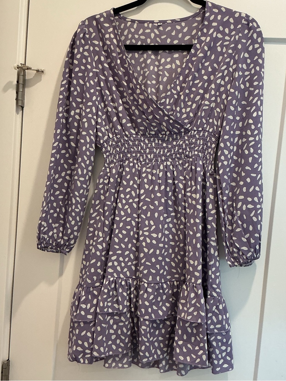 Purple Polka Dot Midi Dress with Smocked Waist